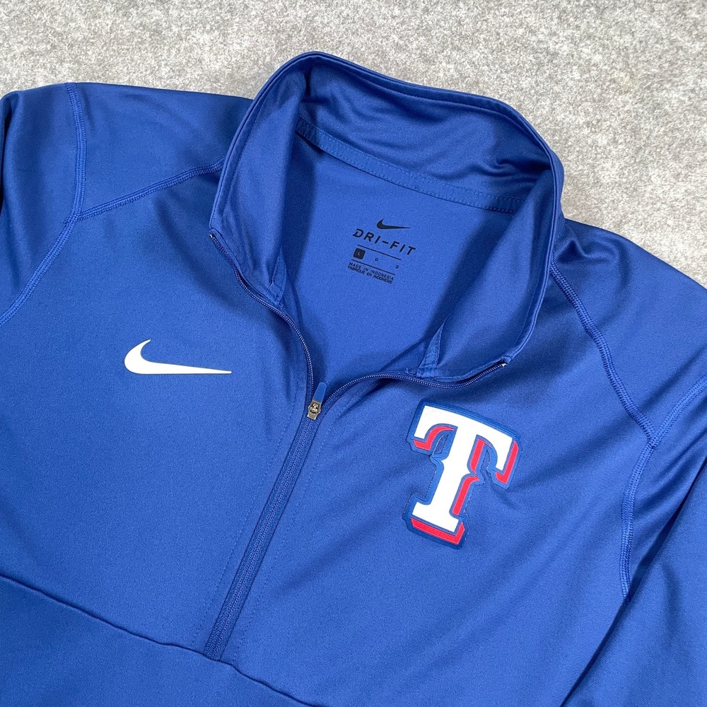 Nike Mens Pullover L Blue Texas Rangers Dri-FIT 1/4 Zip Thumbholes